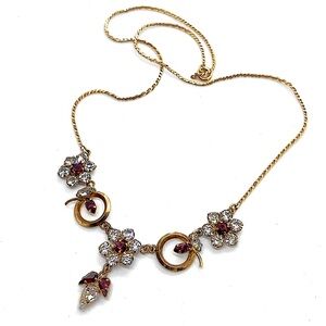 Vtg Star Art 12k GF Clear & Red Rhinestone Floral Flower Necklace 17” + 1” Drop